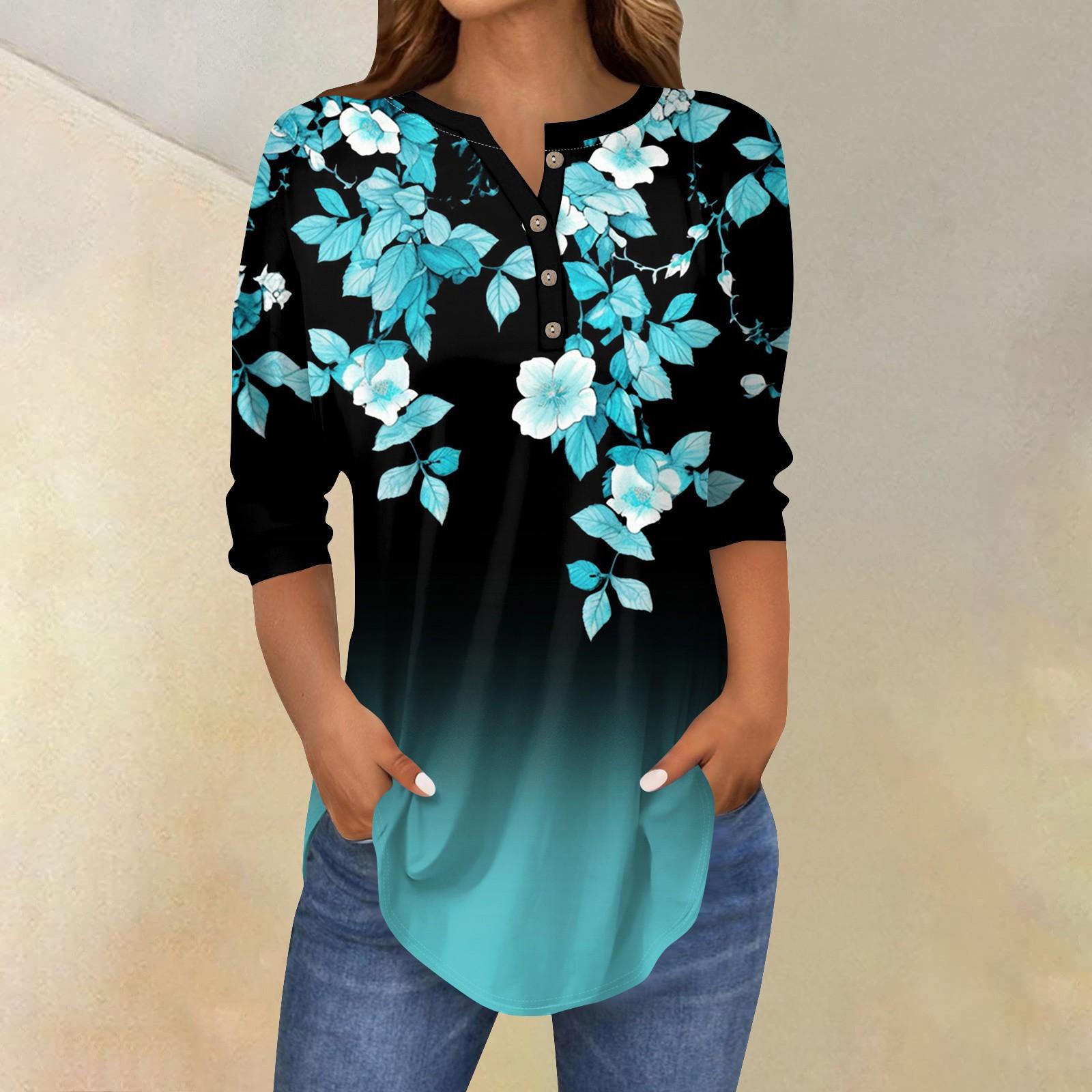 

Женские топы с рукавами 3/4, летние футболки с цветочным принтом и V-образным вырезом, повседневные базовые футболки с пуговицами, туники S