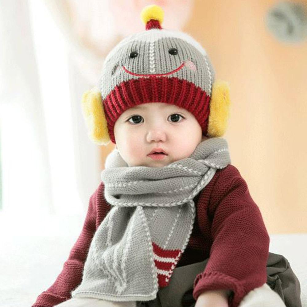 Cartoon Snowman Children Hat Scarf Set Ear Protection Warm Beanie Caps  Children Accessories