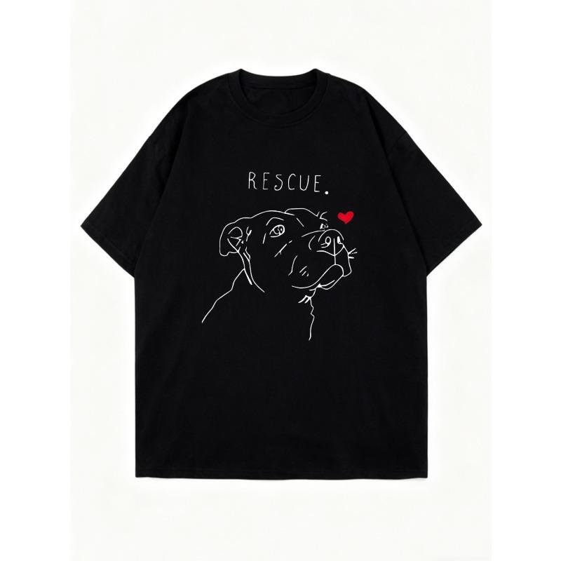 Black Oversized T Shirt With Dog Rescue Print And Heart For Casual Wear
