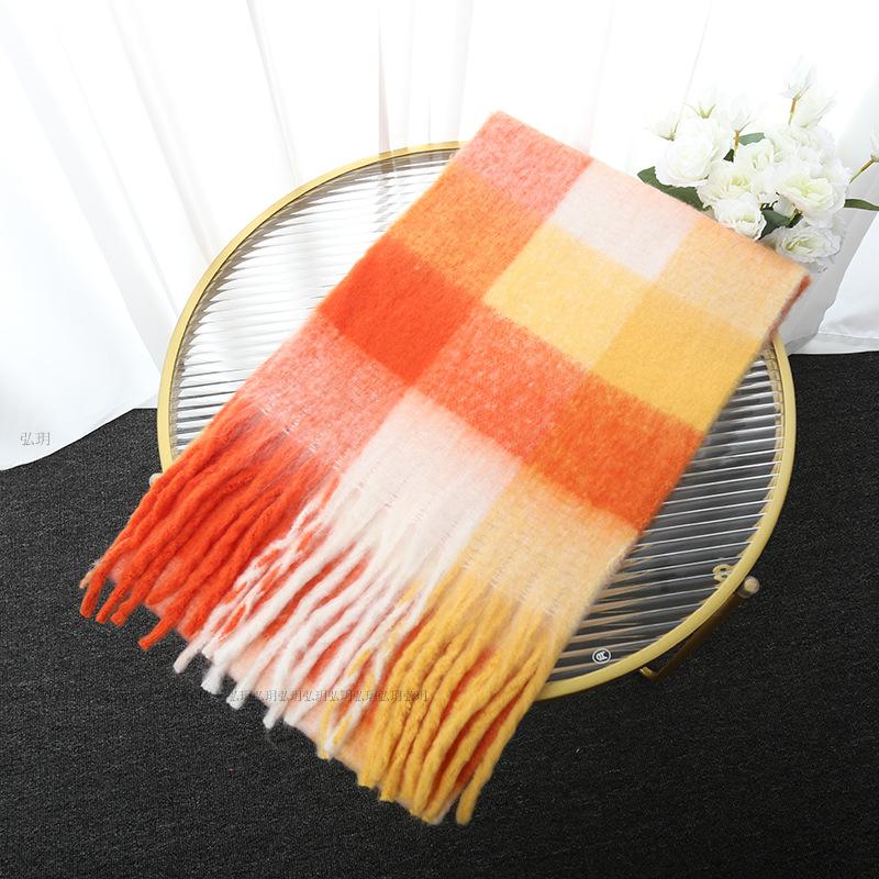 Men's and Women's Autumn and Winter Scarf Fashionable Warm Rainbow Plaid Shawl Tassel Thickened Mohair Scarf