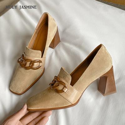 Zapatos de Primavera Cuadrados de Gamuza para Mujer 2024 Primavera Tacones Altos Zapatos de Salón para Mujer Decoración Metálica Zapatos para Fiesta de Trabajo Tacones de Mujer
