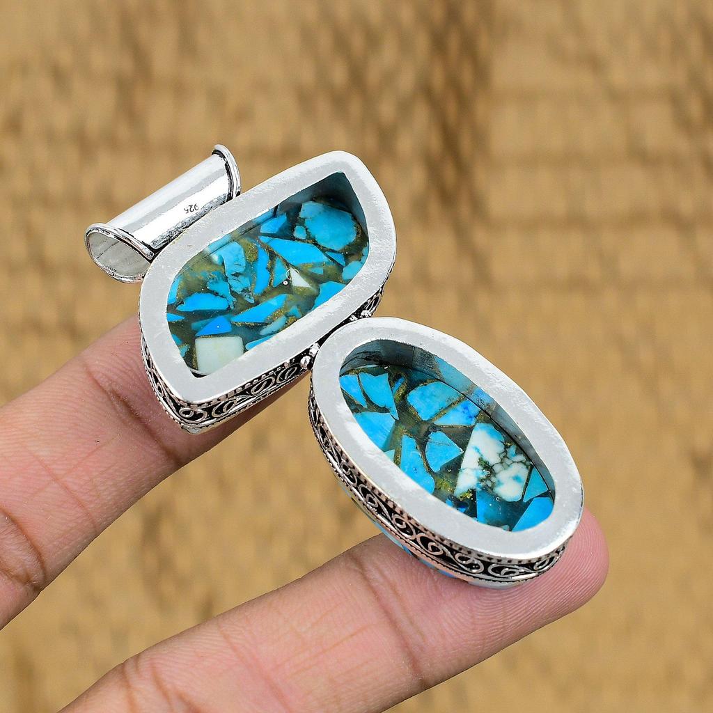Sterling Silver Copper Blue Turquoise Gemstone Vintage Art Deco Pendant Jewelry