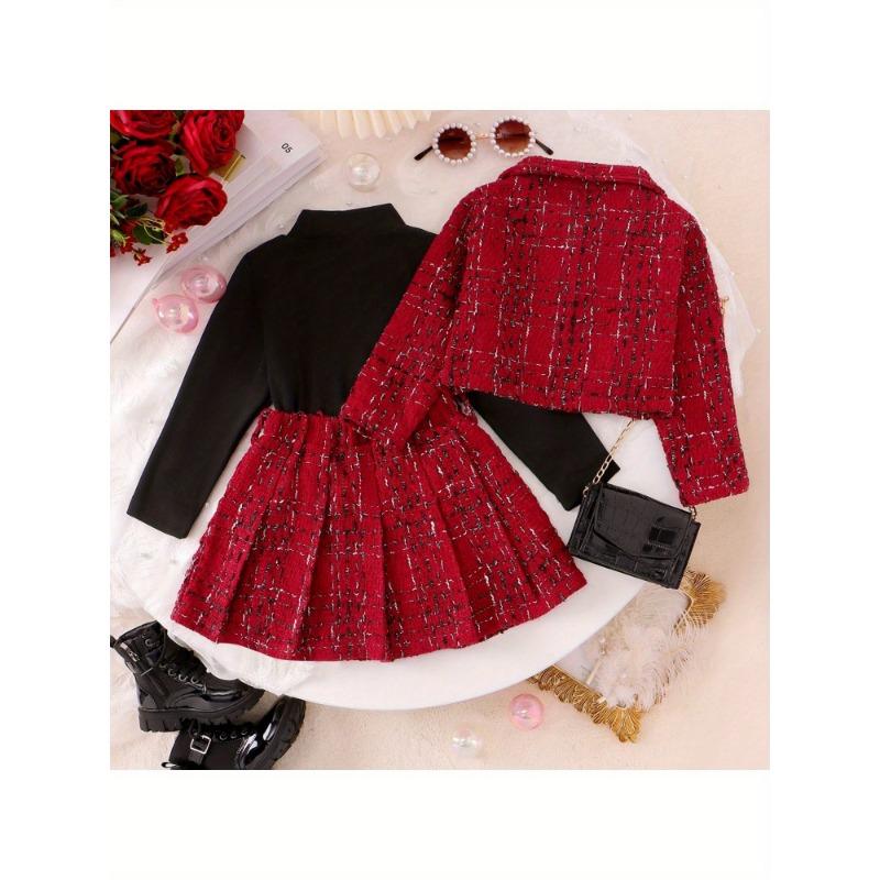 three-piece girls turtleneck black top  red plaid pleated skirt  red plaid short coat casual and comfortable daily wear birthday party family party