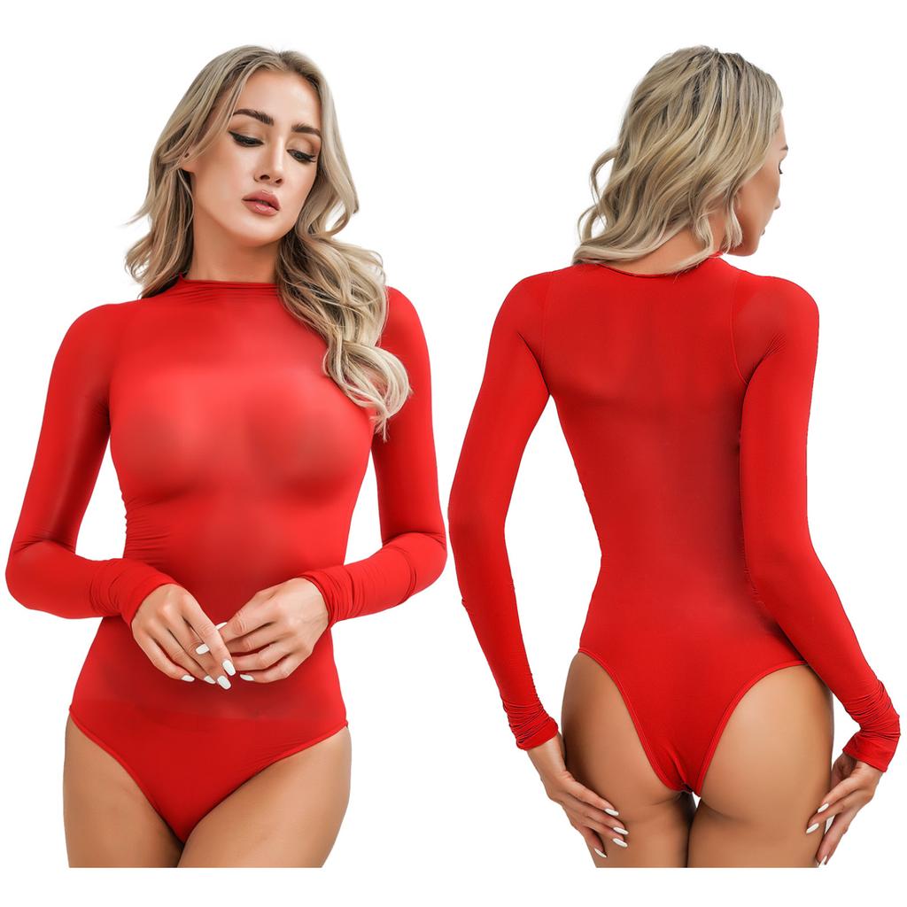 Body Femme Brillant Wetlook – Combinaison Une Pièce Manches Longues, Fermeture Éclair Devant – Nylon Élastique Transparent