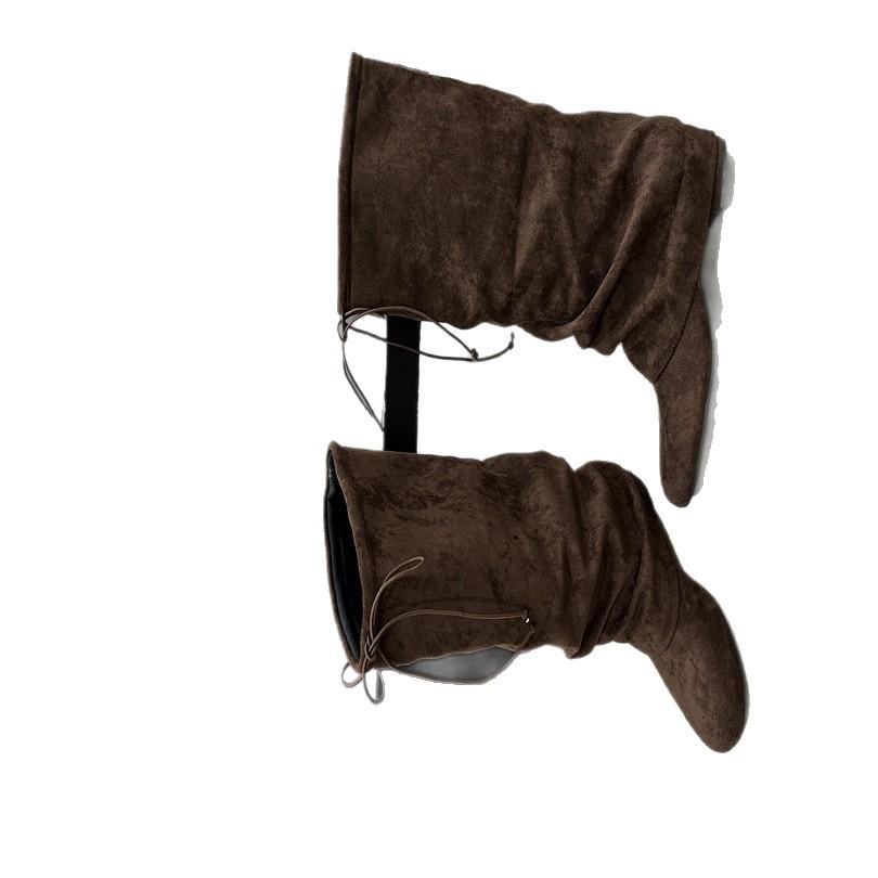 2025 autumn and winter new retro pleated stacking boots women's thick heel high knight boots medium heel boots western cowboy boots