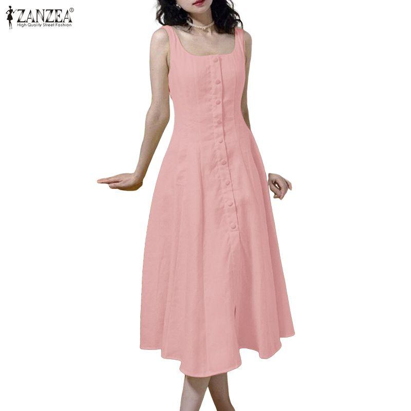 ZANZEA Damen Lässig Rundhals Sommer Ärmelloses Kleid