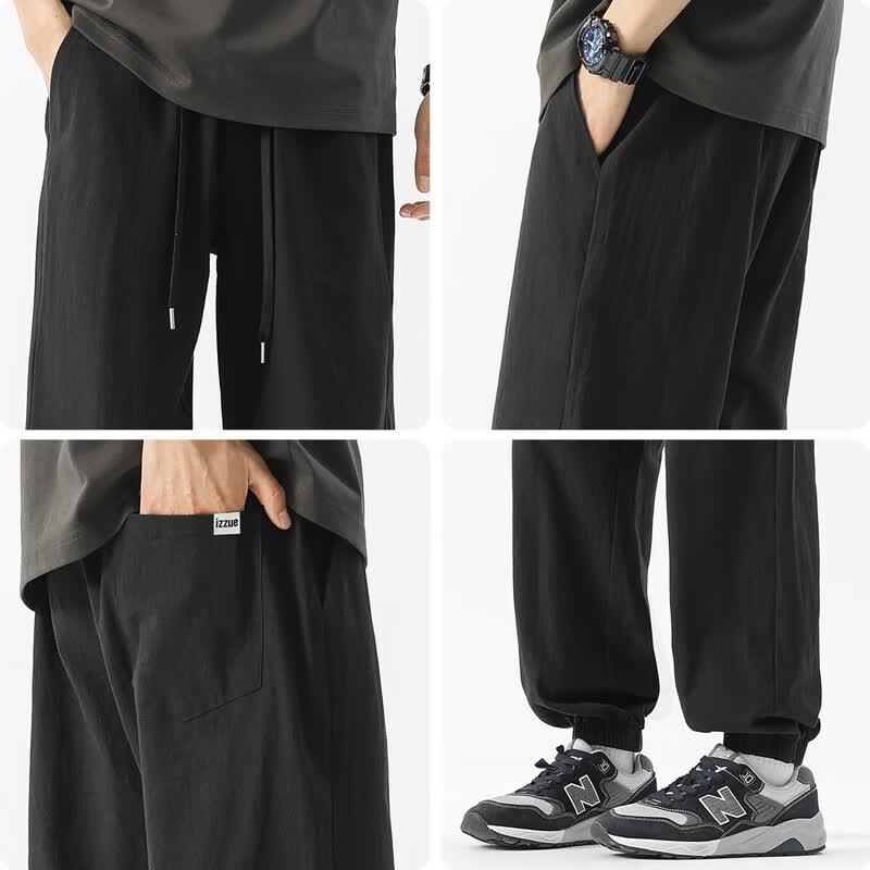 Izzueit Men's Cotton Drawstring Loose Straight Ankle Pants