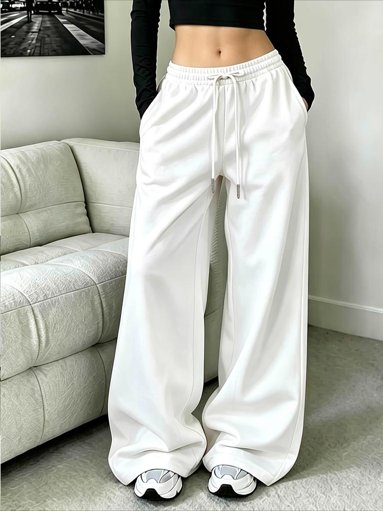 Casual Wide Leg Pants Solid Color Long Length Pocket Details Suitable for Fall/Winter