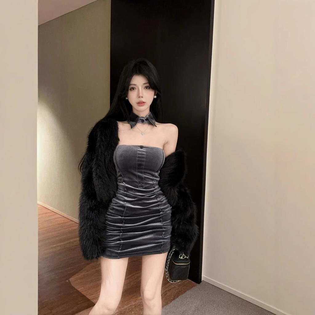 Hong Kong style sexy tube top and chest wrapping temperament skirt women's autumn and winter tight hip wrap dress velvet premium dress