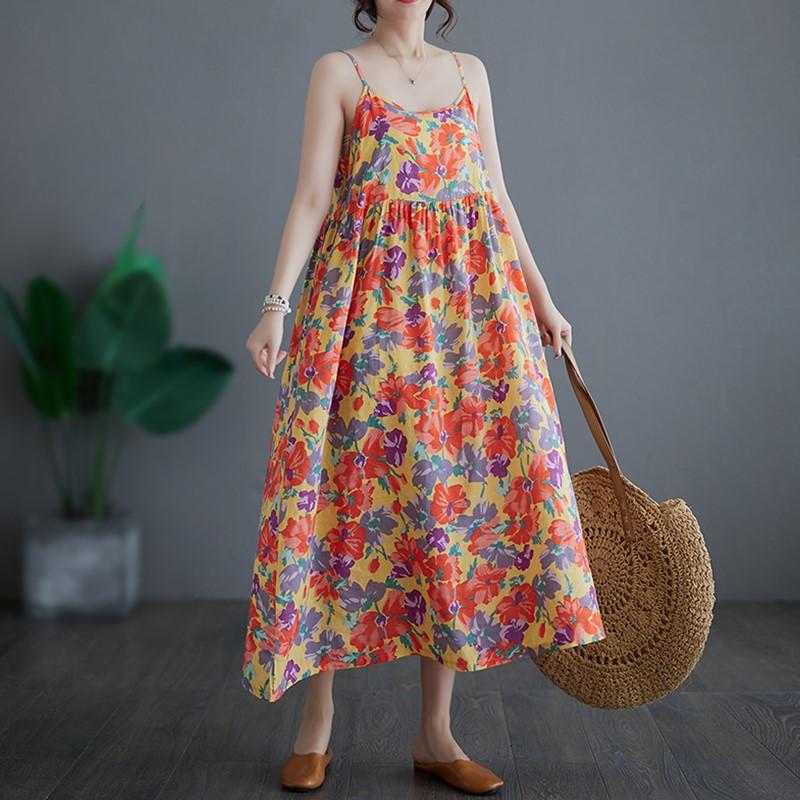 

Хлопок без рукавов на бретельках больших размеров, новые винтажные платья с цветочным принтом для женщин, повседневное свободное длинное летнее платье жёлтый