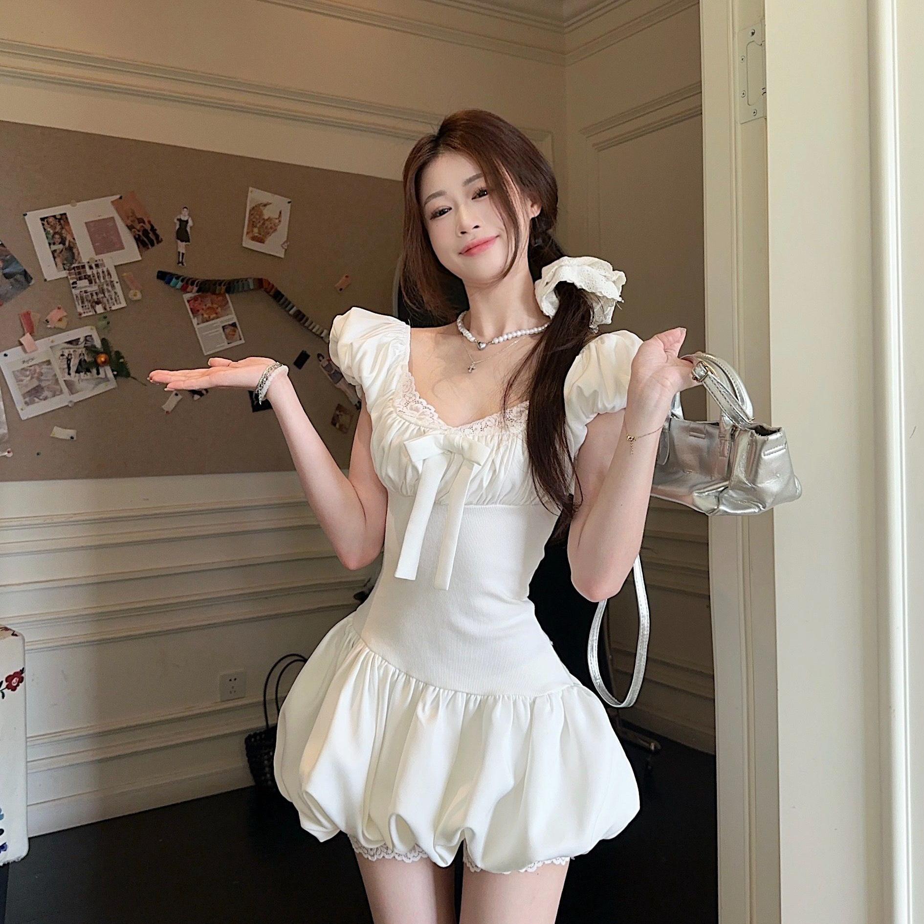 Sweet Style Women s Summer White Lace-Up Puff Sleeve A-Line Dress XL