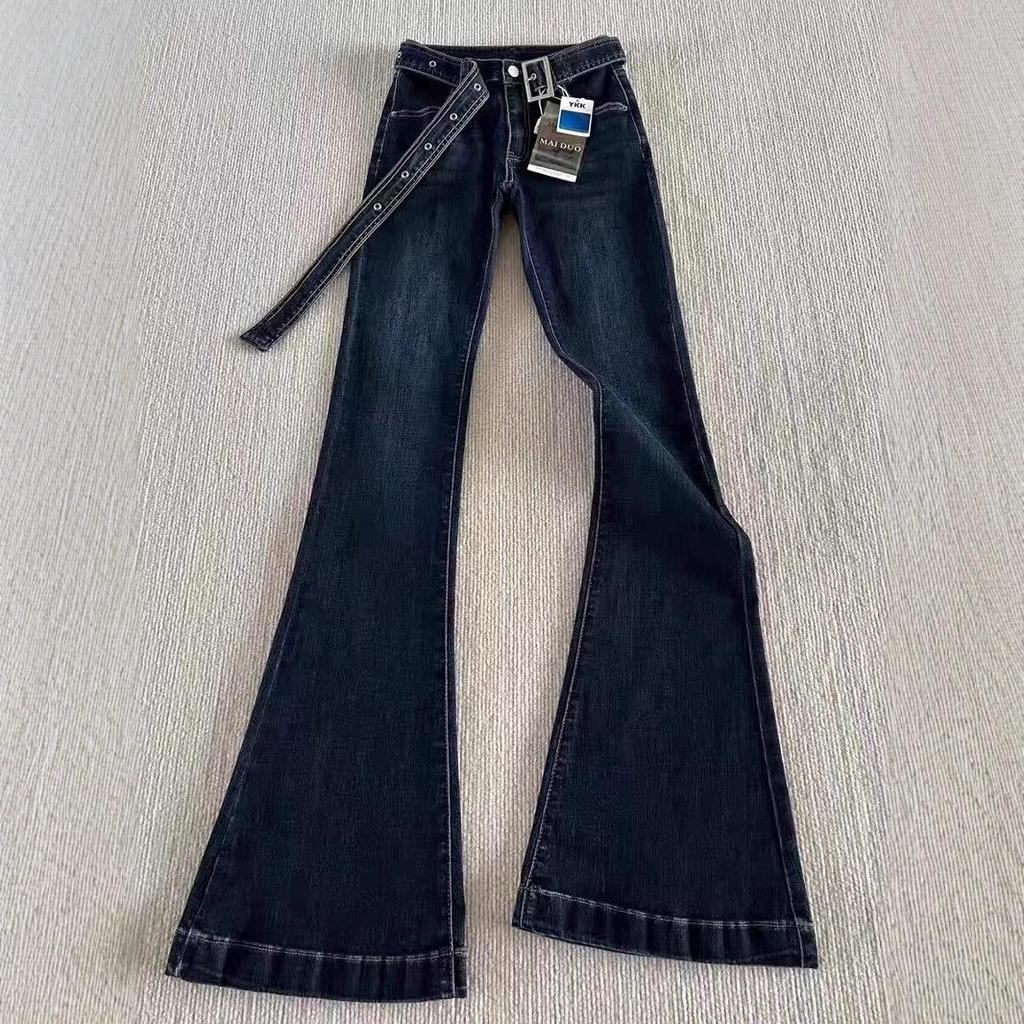 Women's Dark Blue High-Waisted Micro-Flared Jeans, Slim and Elastic, Autumn 2024 Trendy Wide-Leg Pants