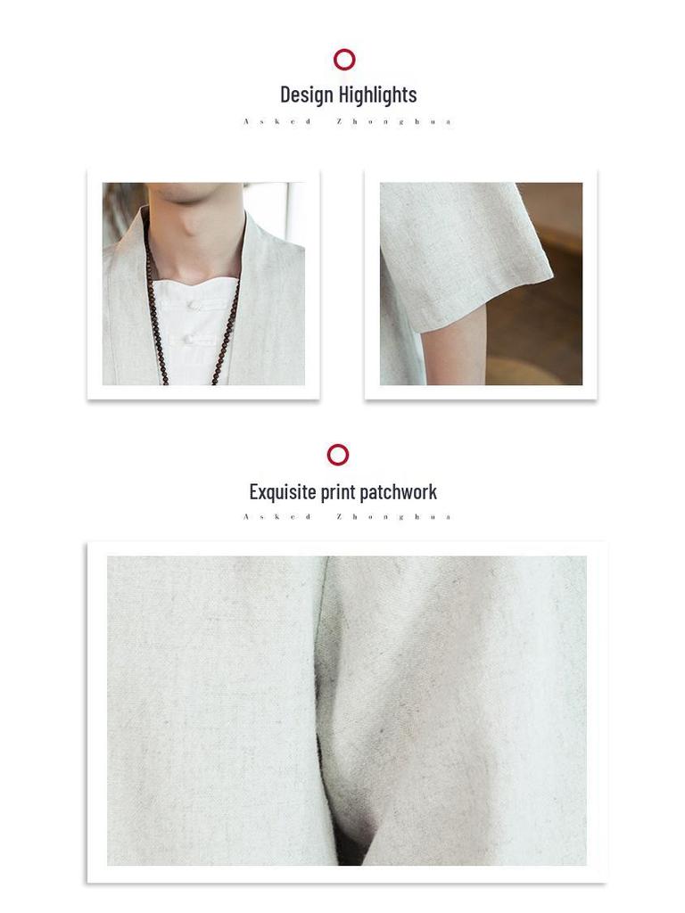 Men's Chinese Style Linen Hanfu Cardigan - Loose Fit, Plus Size, Casual Three-Quarter Sleeve Shirt