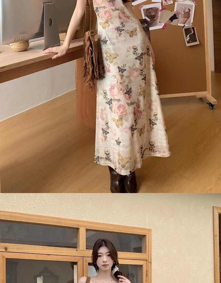 Butterfly Floral French Camisole Dress: V-Neck, Slim Fit, Cinched Waist, Bodycon Long Dress - Perfect for Summer Vacation.