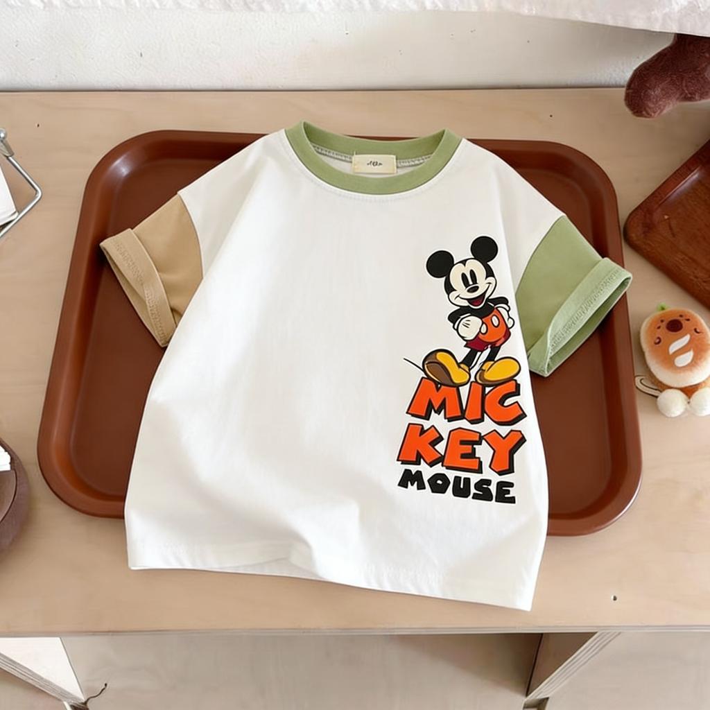 Disney Cartoon T-shirt Summer Clothing Children Short Sleeved Tops Tees Printed Mickey Fashion Casual Girl Boy Tshirts Crewneck