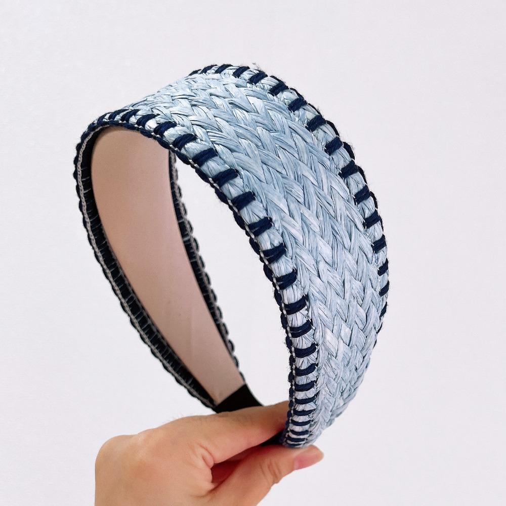 Boho Straw Knitted Headband Handmade Rattan Headdress New Wide Head Hoop Beach Travel синий