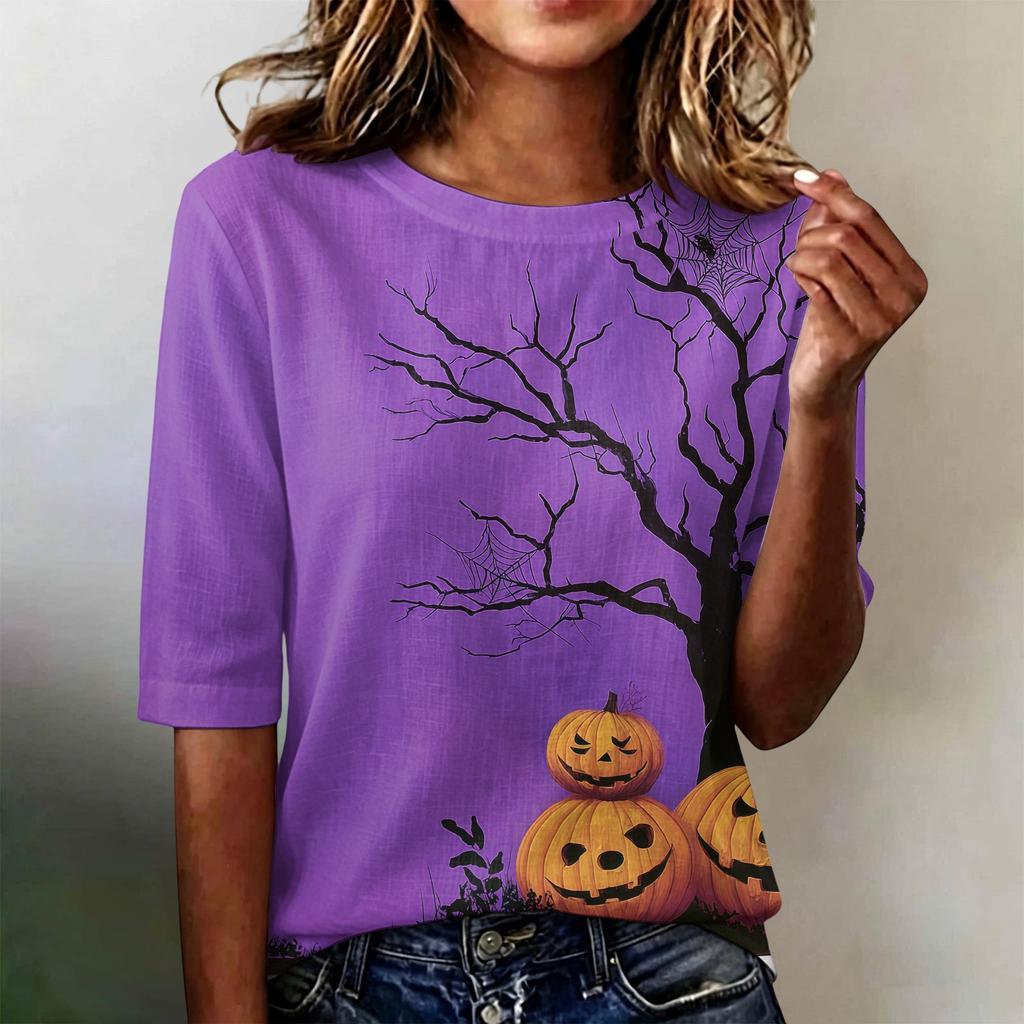 Women's Casual Loose Fit Short Sleeve T-Shirt Round Neck Lightweight Halloween Graphic Top for Everyday Wear