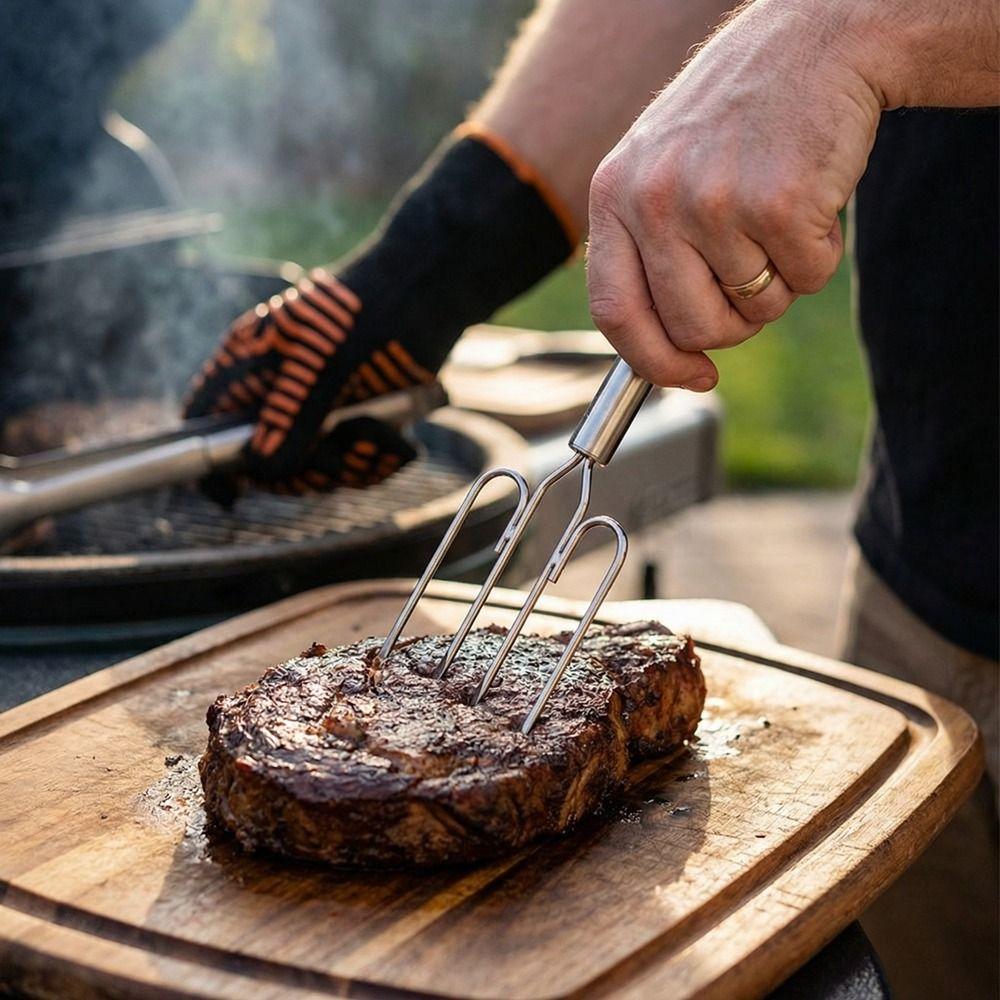 Vier-Zinken Steakgabel Edelstahl BBQ Grillgabel BBQ Besteck Barbecue Gabel Camping