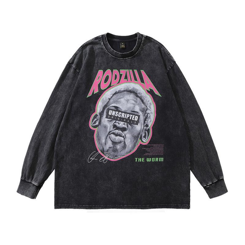 American High Street Heavy Long-Sleeved T-Shirt Men'S And Women'S Autumn And Winter Loose Retro Printed Vintage Top