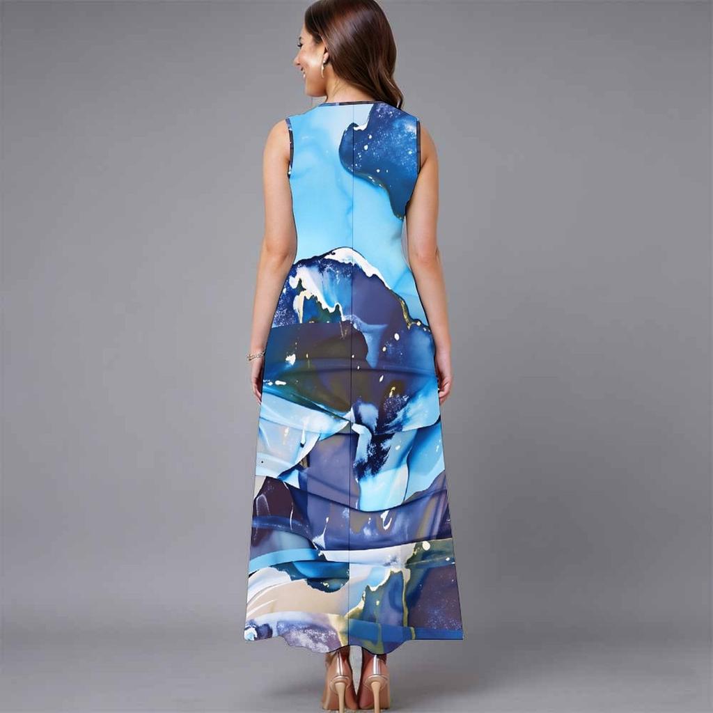 Plus Size Ladies Sleeveless Crew Neck Dress Exotic Tropical Leaves Flowy Calf Length Gown
