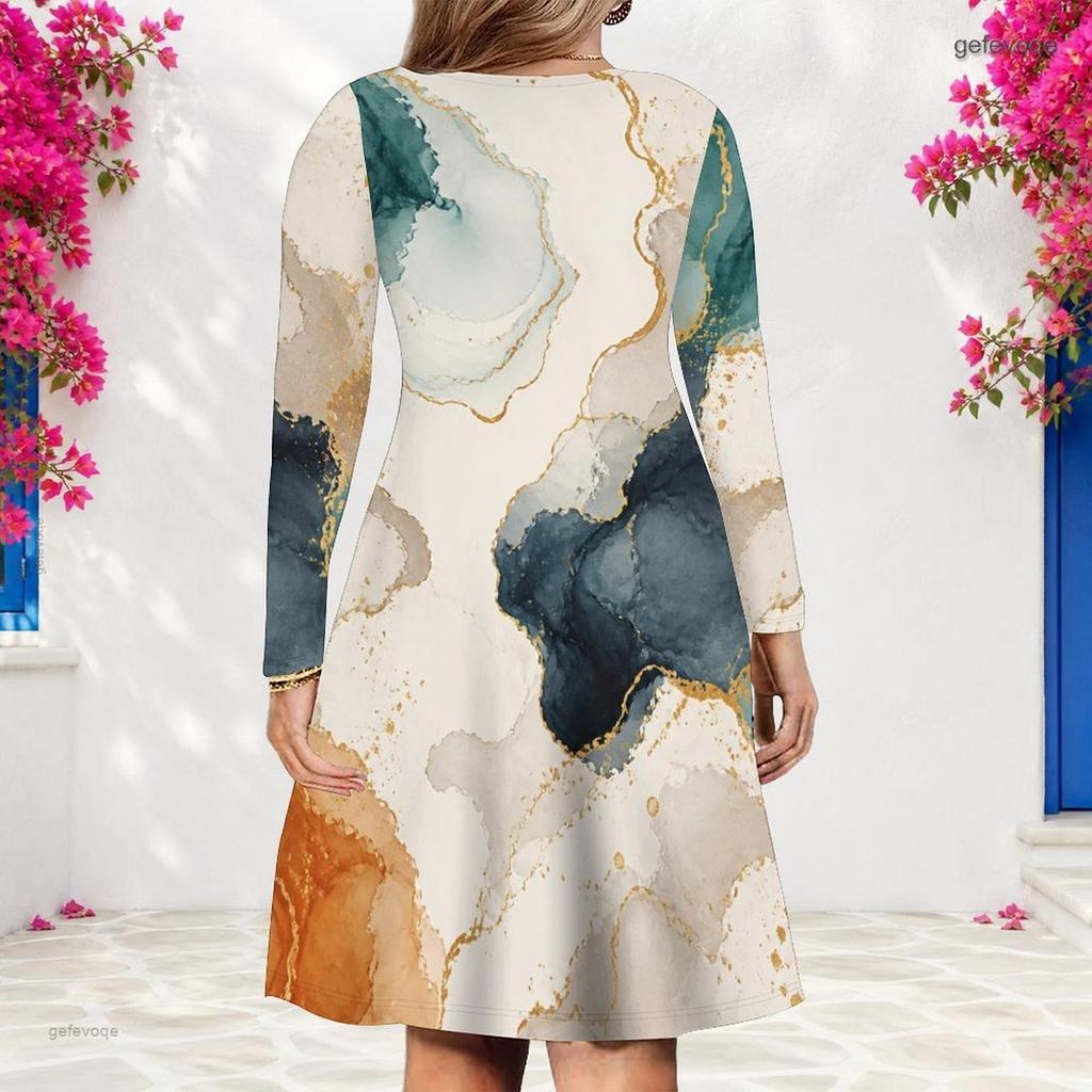 Women Plus Size V Neck Long Sleeve Abstract Printed A Line Dress