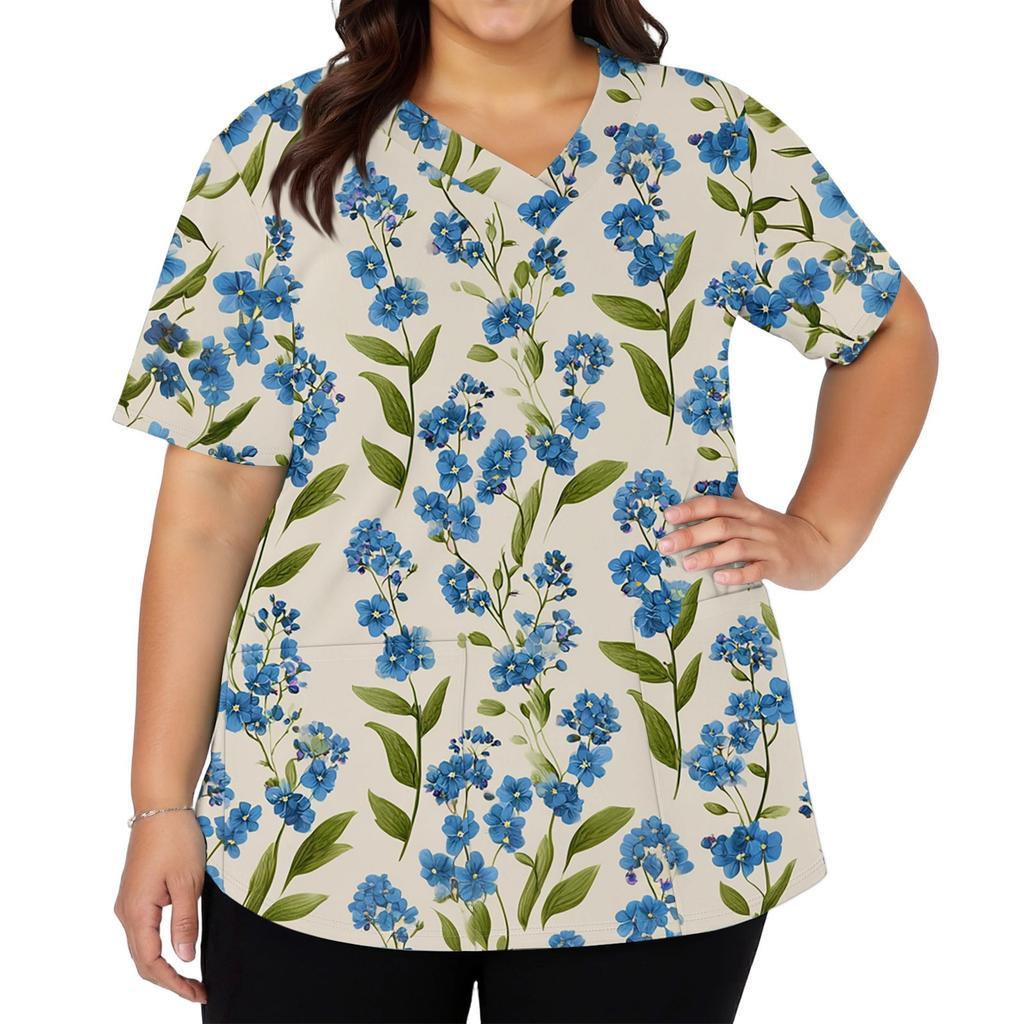 Women's Fashionable V-neck Short-Sleeved Work Top With Double Side Slits And Pockets, Featuring A Retro Floral Print.