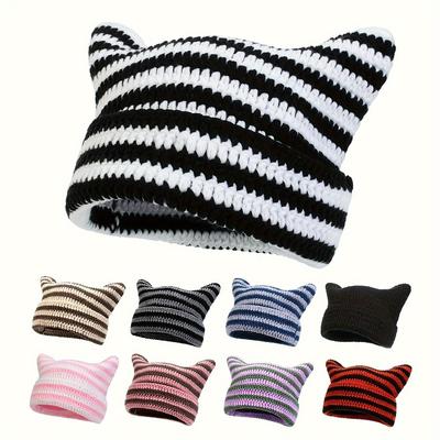 Neue süße Beanie-Mütze mit Katzenohren für Frauen, Winter, gestreifte kleine Teufelsmützen, Punk-Wolle, gestrickt, Streetwear, handgefertigt, gehäkelt, Skullies