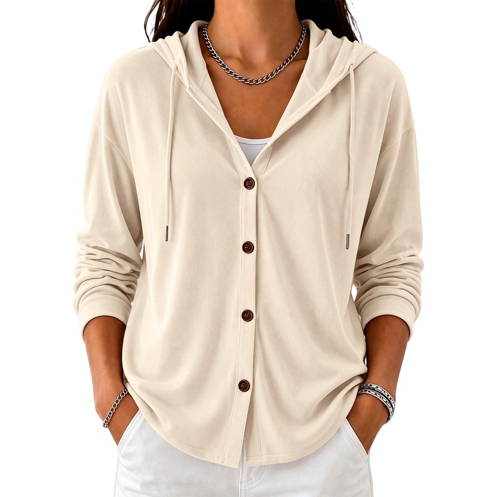 Cardigan con cappuccio da donna a manica lunga, vestibilità ampia, chiusura con bottoni, colore casual, maglione