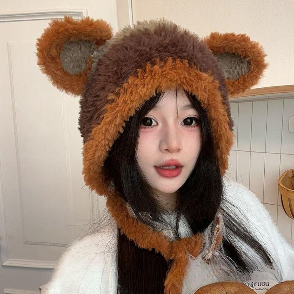 Korean Faux Fur Bucket Hat Plush Women Fluffy Hat Fashion Cute Bear Ear Hat  Female