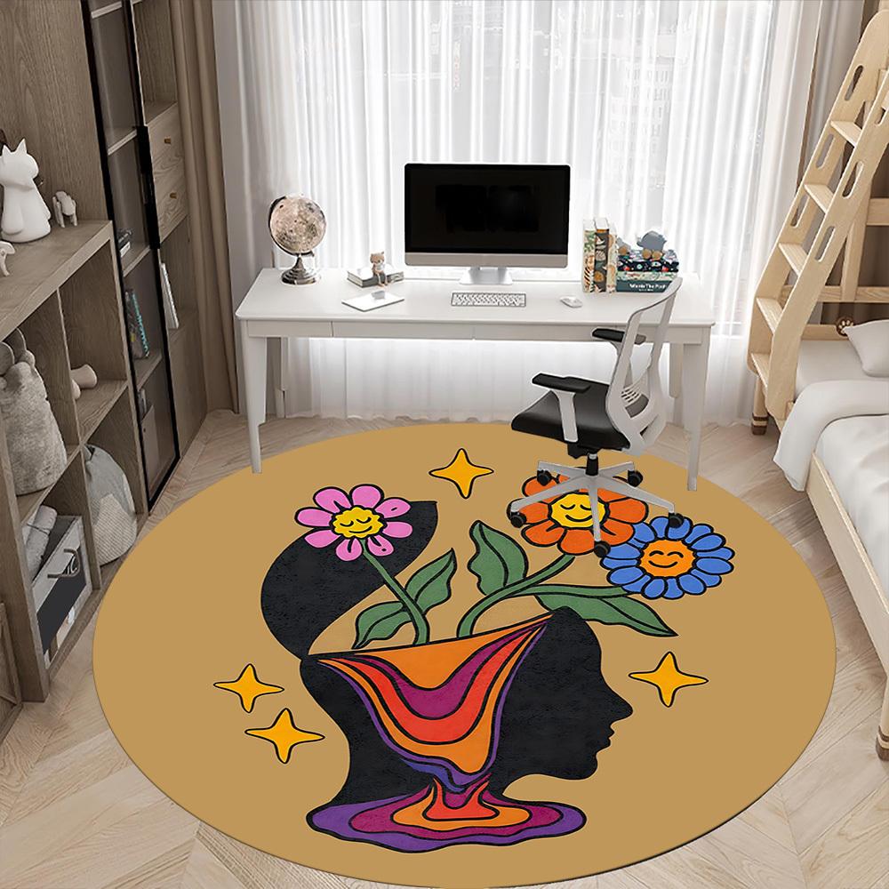 1 Stück Flower Power Büro Runder Teppich, Matte Geeignet Für Büro, Unter Bürostühlen Schlafzimmer Wohnzimmer Heimdekoration, Raum Deko