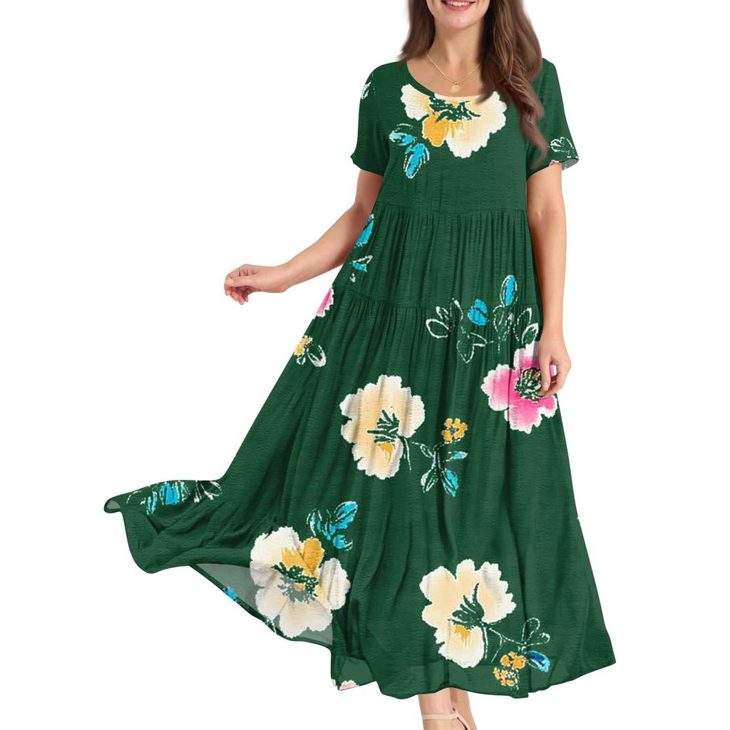 Dámské letní šaty s kulatým výstřihem, krátkým rukávem, květinovým potiskem, boho, volné