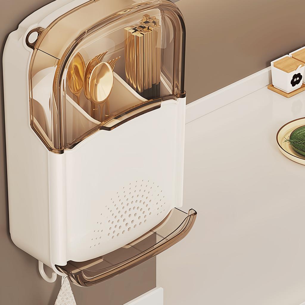 A Wall-Mounted Kitchen Chopstick Holder - a No-Drill Cutlery Storage Box with a Draining Tray, Multifunctional Kitchen Shelf with Hooks, Removable