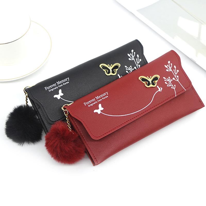 Fashion Fur Ball Wallet for Women Solid Color PU Leather Long Standard Wallets Butterfly Card Holders Purse Female Bag