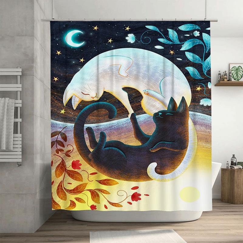 

Multicolored Moonlight Cat Shower Curtain Sleepy Kitty Design For Bathroom Decor – Waterproof Fabric With Hook Rings – Perfect G W60H190(CM)-1 Pcs