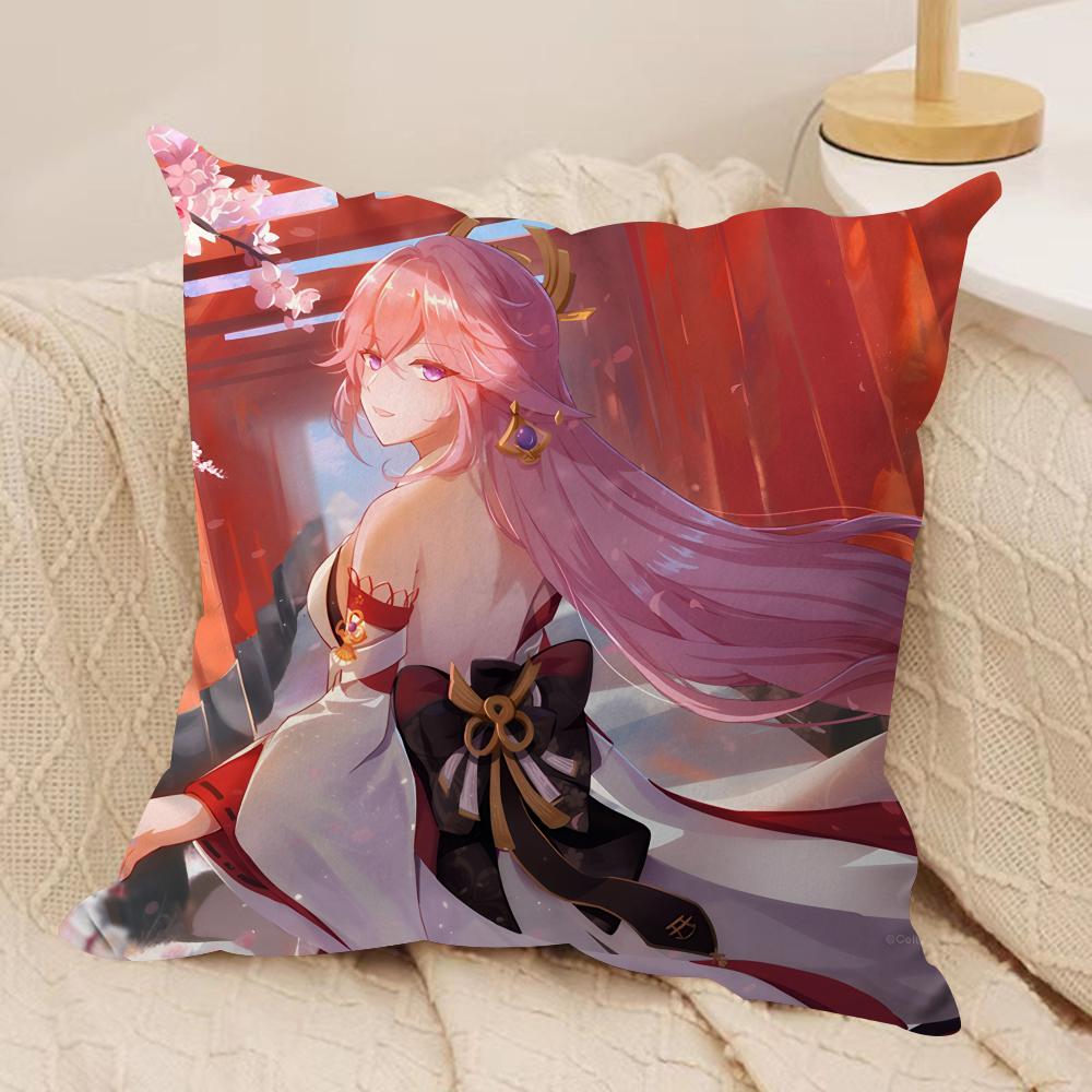 Yae Miko Genshin Impact Cushion Cover Silky Short Plush Invisible Zipper Dustproof Sofa Pillow Case For Home Decor