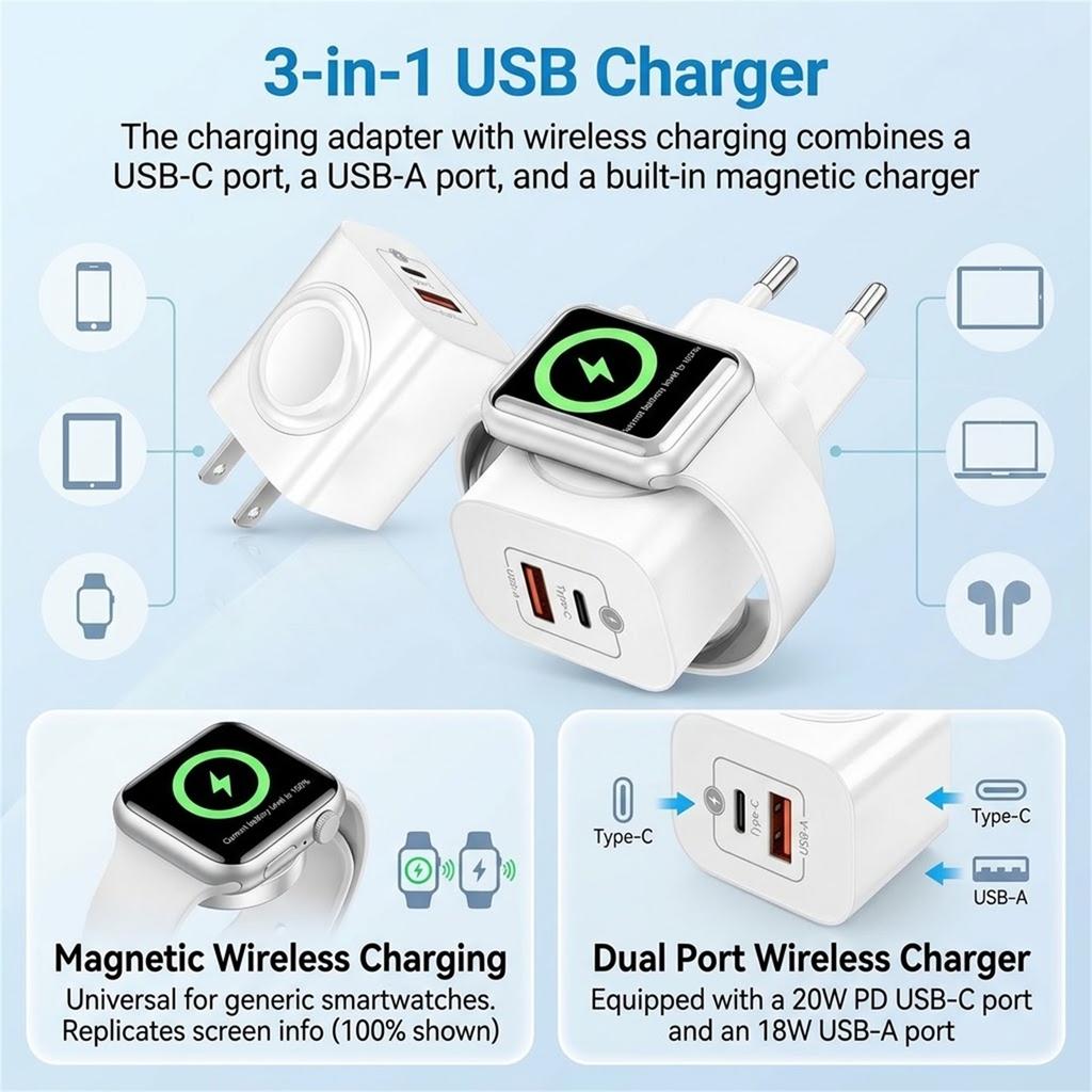 1-in-1 Wireless Charger PD11W Dual Port USB-C USB-A Fast Charging Wall Adapter Portable Charger for iPhone Apple Watch EU/US Plu