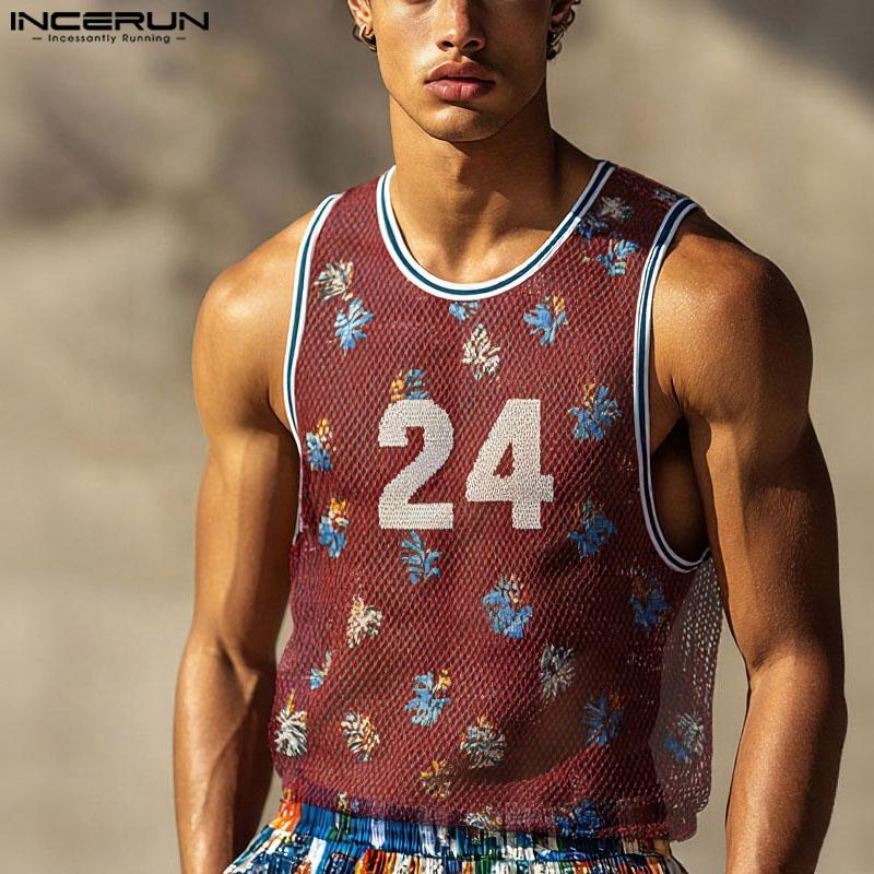 INCERUN Ärmellose Herren-Tanktops aus durchsichtigem Netz mit Print, Racerback