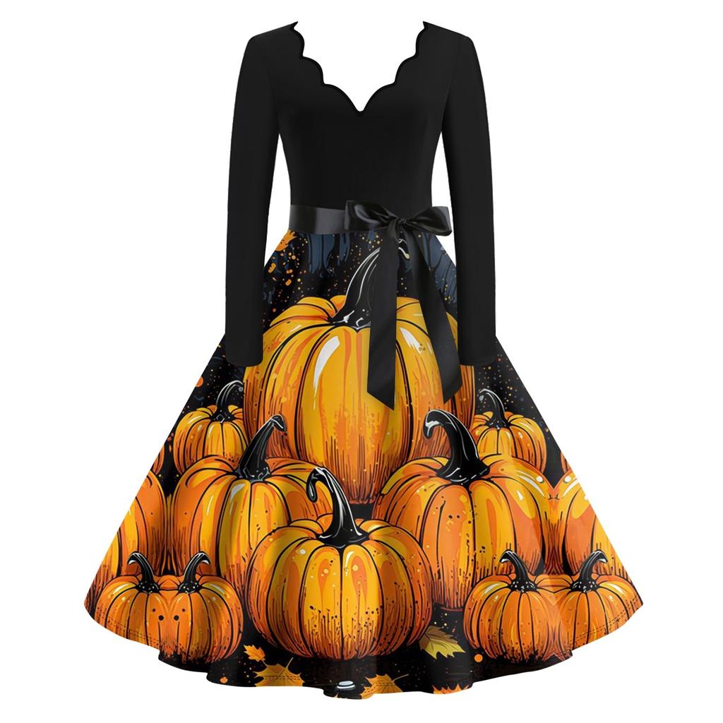 Halloween Print Flare Dress For Women Long Sleeve Dress Casual Dresses