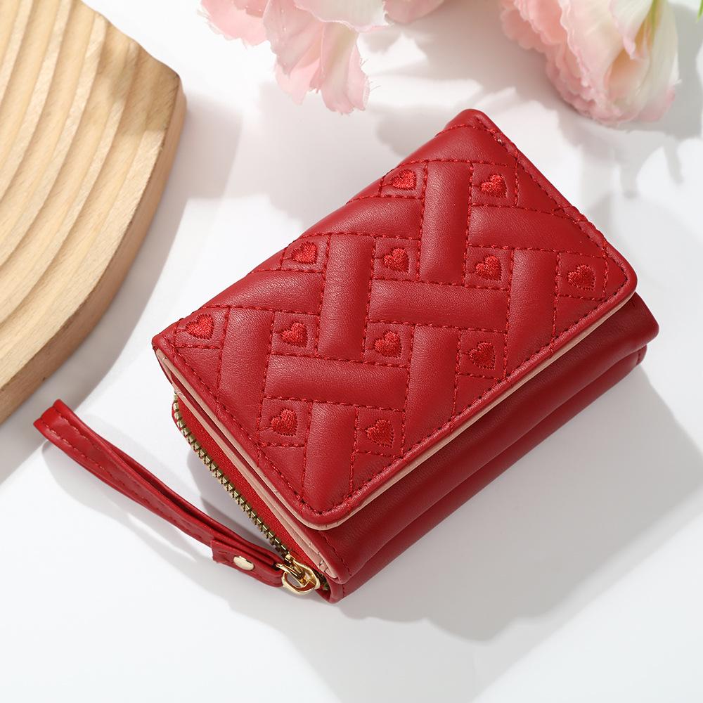 

Women s Embroidered Heart PU Tri-fold Wallet: Multi-card Slot Short Wallet & Card Holder in One червоний
