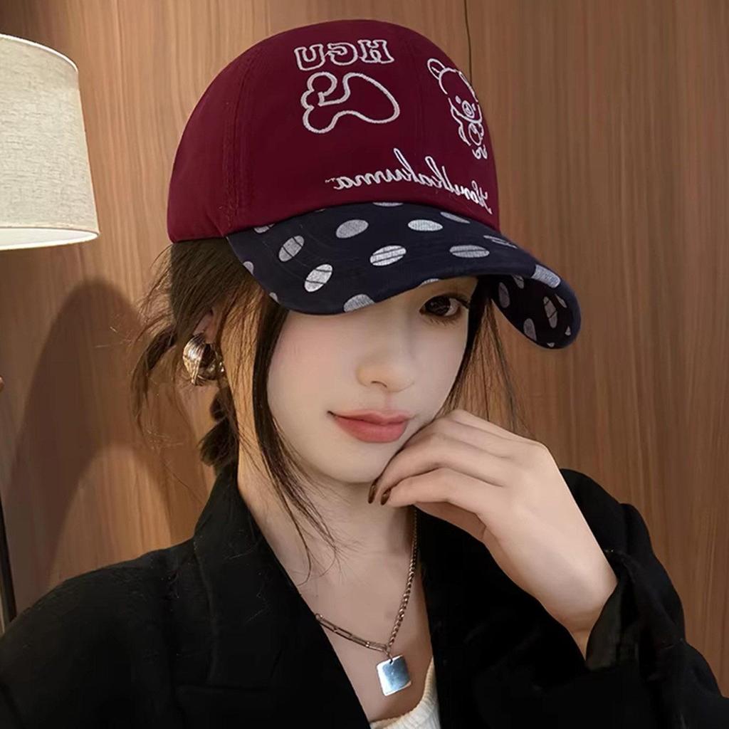 Korean Embroidery Rilakkuma Polka Dot Baseball Cap: Women's Spring/Autumn Fashion, Versatile Duckbill Hat for Slimming Face.