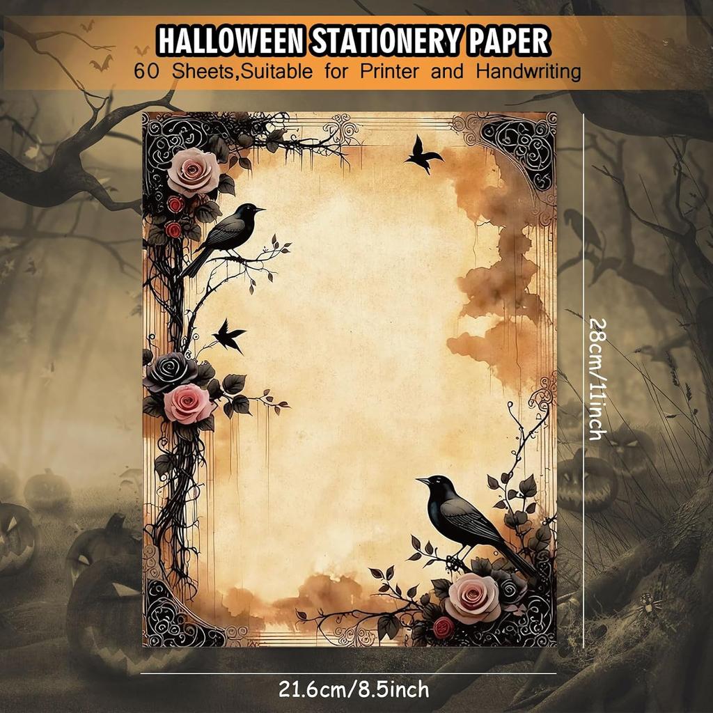 Whaline 60 Sheet Halloween Stationery Paper 4 Gothic Style Border Letterhead Vintage Skull Rose Castle Writing Paper for Invitation Office Printing,