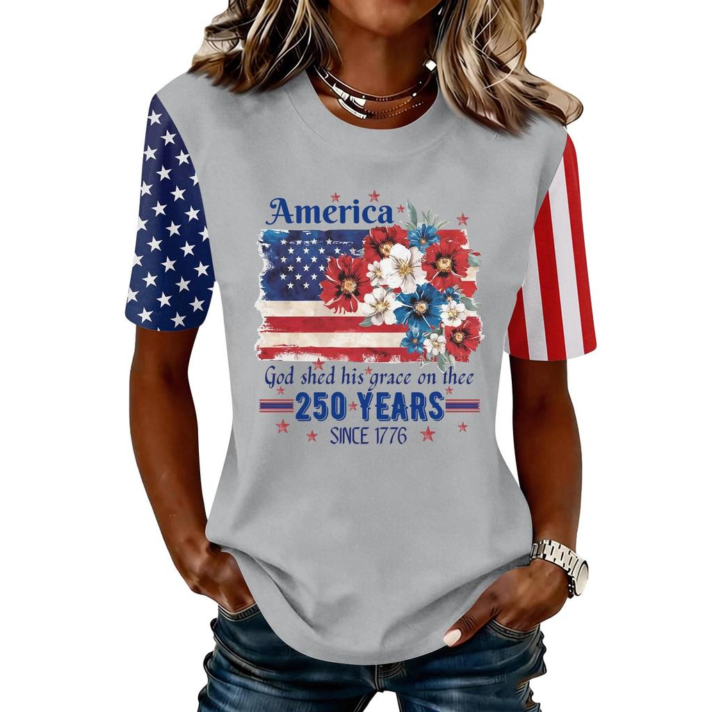 Blusa Feminina da Moda Casual de Manga Curta com Estampa e Gola Redonda