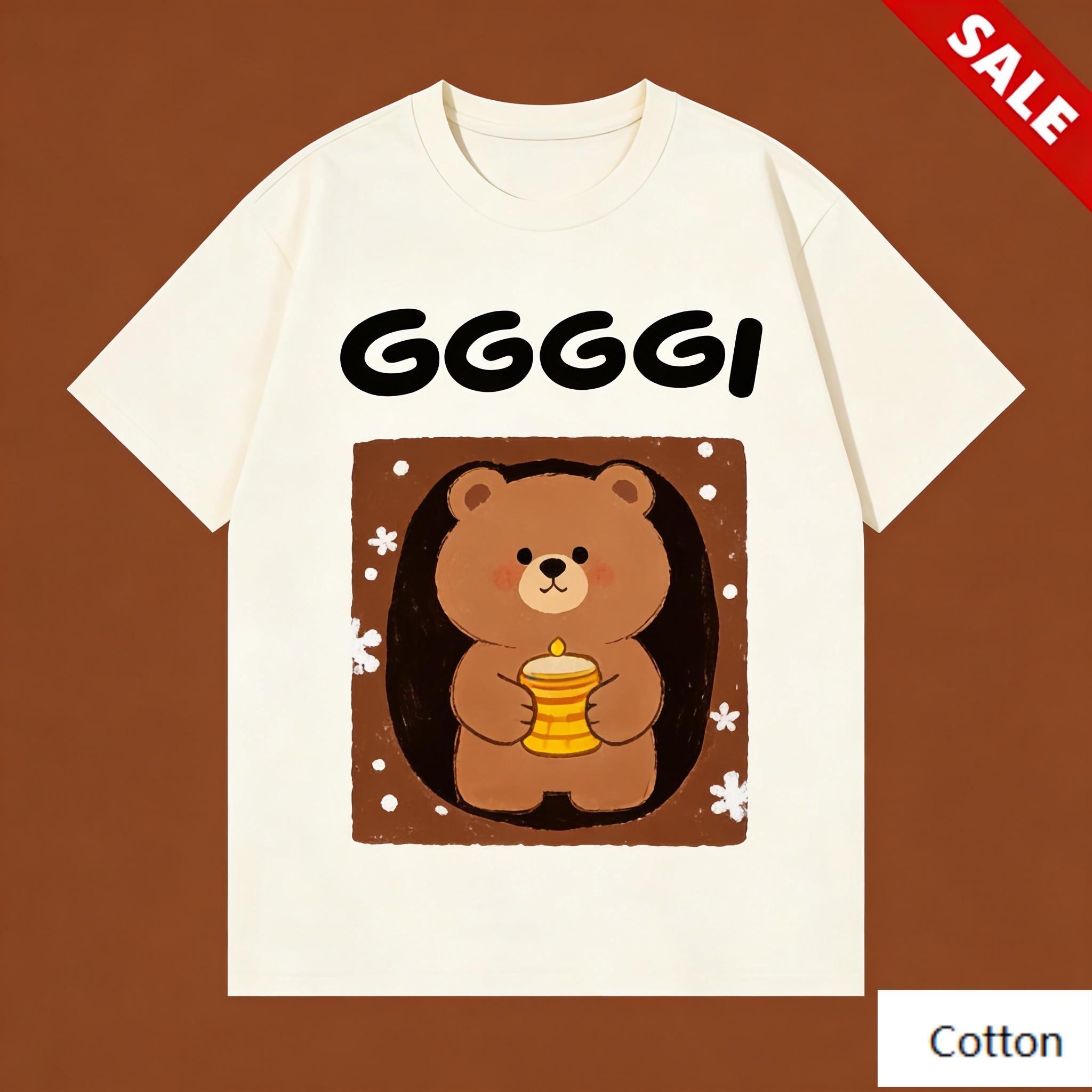 GGGGI Kawaii Brown Bear Print Cotton T-Shirt for Unisex, Trendy Streetwear Fashion Short Sleeve, Soft Comfy Winter Daily Wear S разноцветный