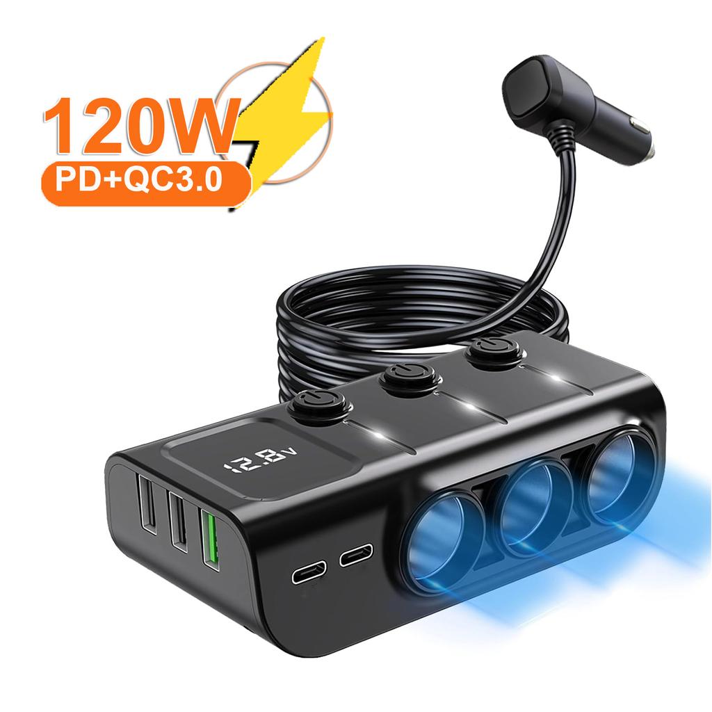 8 In 1 Cigarette Lighter Splitter Type-C QC3.0 PD Socket 36W Dual USB Charging Ports Car 12V 24V Plug Outlet Car Charger Adapter