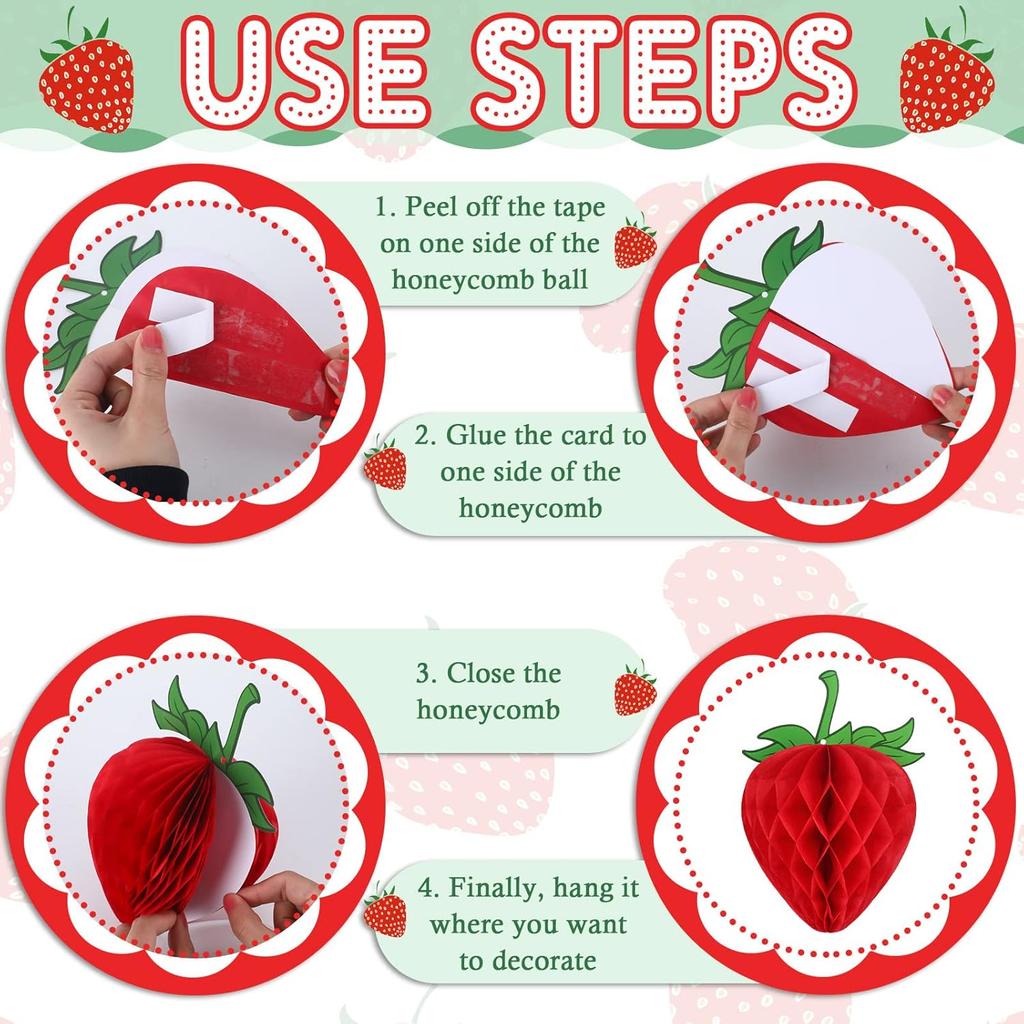 14 Pieces 6 Inches Strawberry Honeycomb Birthday Party Decorations Paper Strawberry Ball Tissue Shortcake Party Decorations for Girls Baby Shower