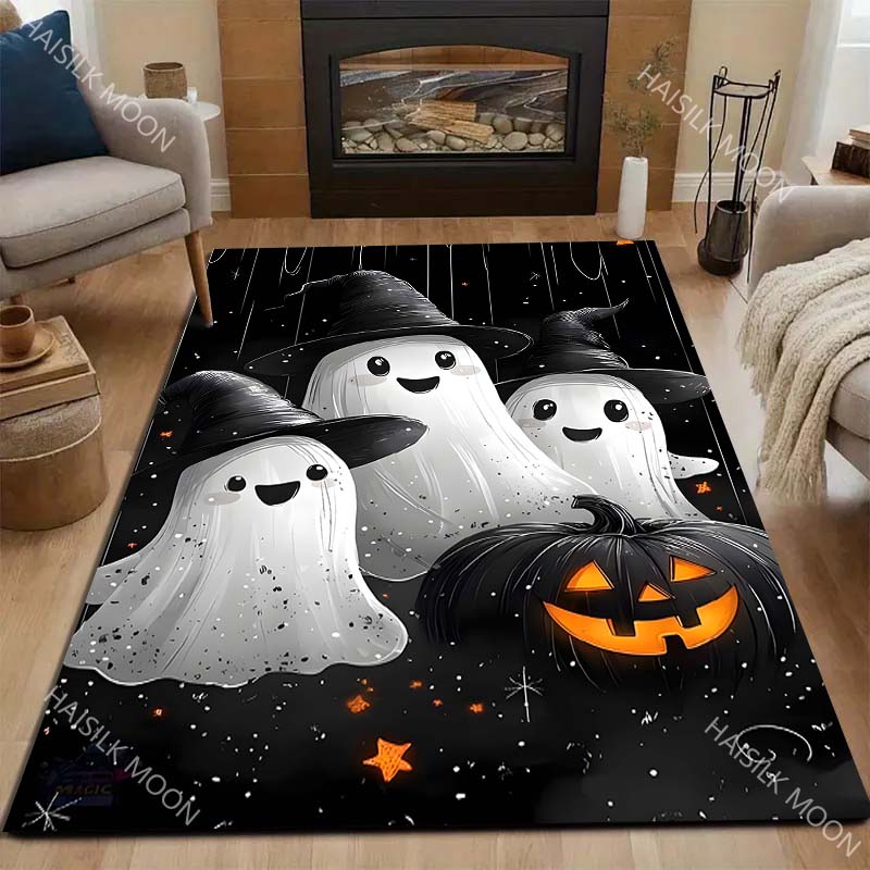 Cute Ghost Pumpkin Head Halloween Theme Carpet for Living Room Bedroom Bedside Floor Mat Cloakroom Sofa Area Rug for Gifts