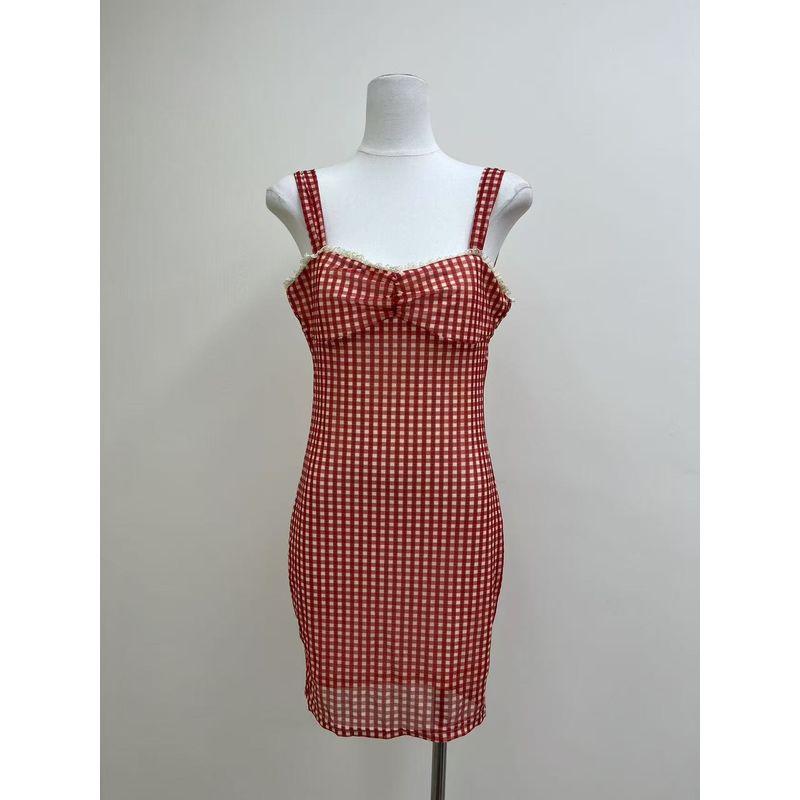 

Sweet Girl s First Love Sweet Gyaru Mesh Mid Skirt H-Shaped Small Dress First date grid M