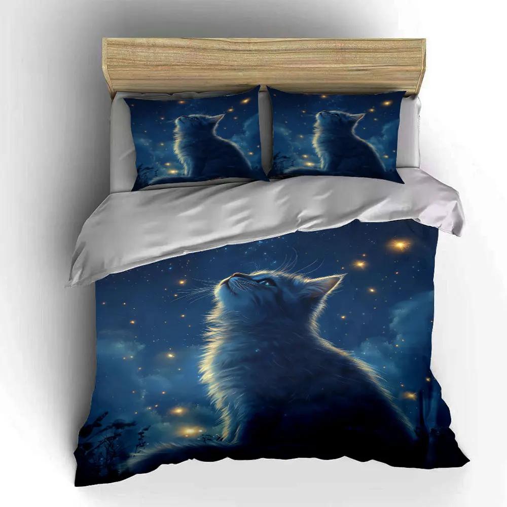 "Starry Night Cat Decor Set" Soft Comfortable Duvet Cover Bedding Set Included 1*Duvet Cover & 2*Pillowcases Gift