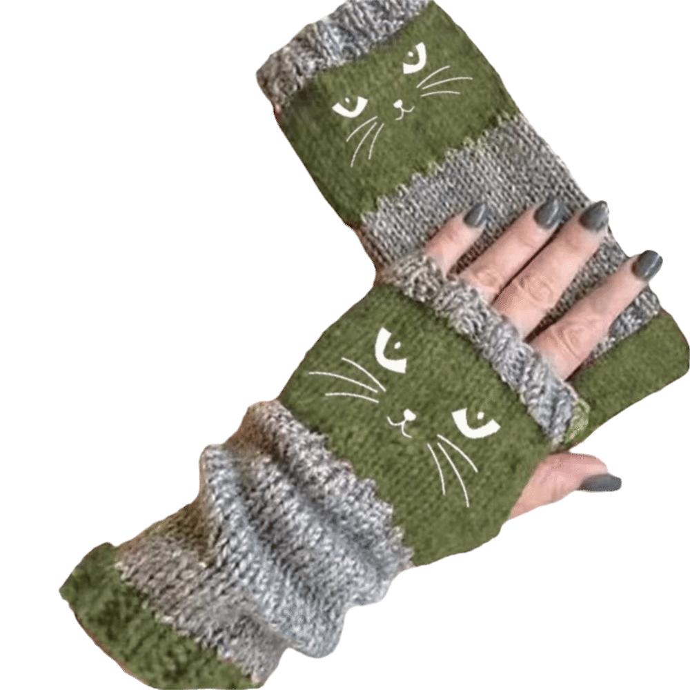 Thick Half Finger Gloves Thickened Cat Embroidery Gloves Vintage Knitted Fingerless Gloves Girls