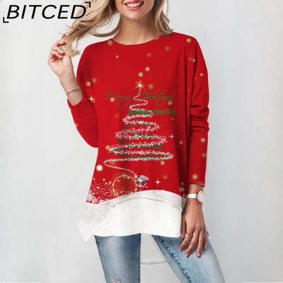 Christmas Autumn Women's Printed O Neck Long Sleeve Tee Top